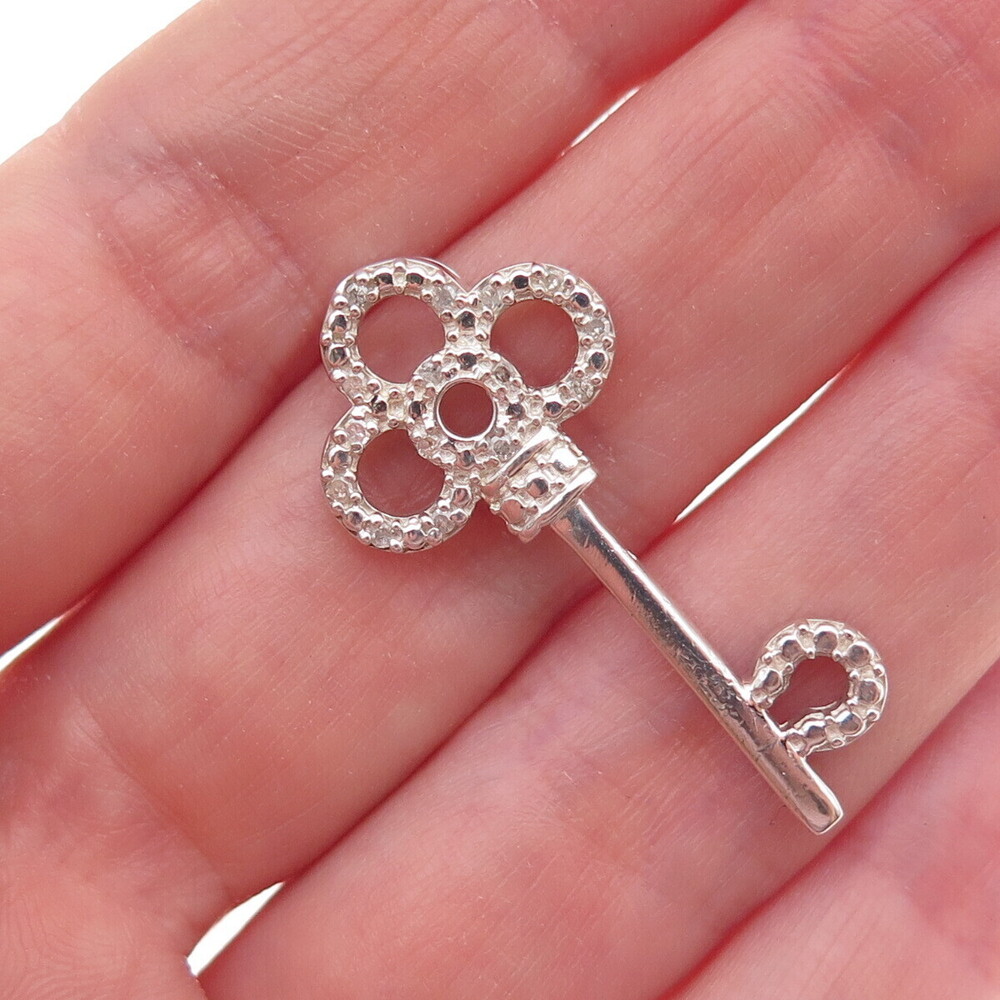 925 Sterling Silver Real Round-Cut Diamond Club Key Slide Charm Pendant